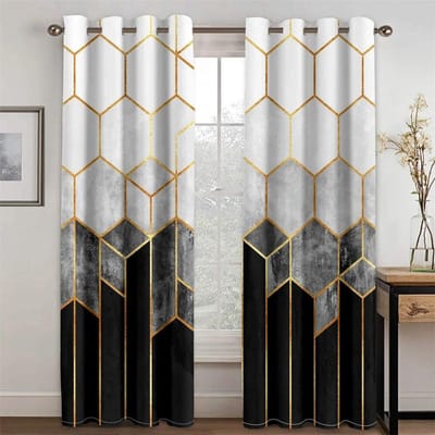 Goedkope Moderne Groene Marmer Honingraat Plaid Bladgoud 2 Stuks Dunne Shading Polyester Gordijn Woonkamer Slaapkamer Home Decor Haak W50xH130(CM)x2PCS-Grommet Top