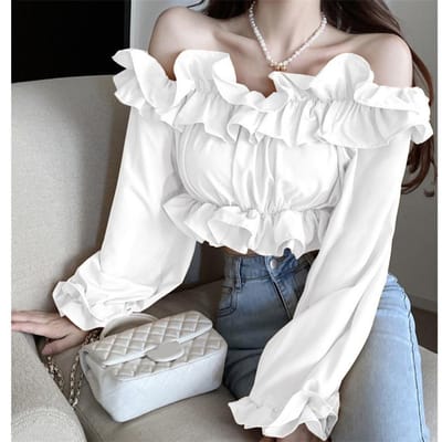 Zwarte Ruffle Edge Slash Neck Vrouwen Blouse Cropped Top Lange mouwen Sexy Hotsweet Hoge taille Navel blootgesteld Kantoor Dame Zomer S wit