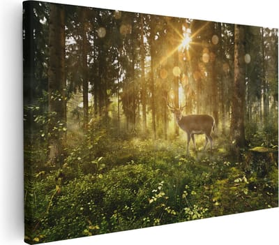 Artaza Canvas Schilderij Hert In Bos - 30x20 cm - Klein - Wanddecoratie Zonlicht - Muurdecoratie Natuur - Kamer Accessoires