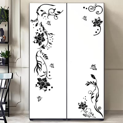 Bloemenrank Muurstickers Zwarte Bloemen Muurstickers Vlinder Bloemen Muurdecoraties Verwijderbaar Vinyl Doe-het-zelf Huis Muurkunst Sticker (Black,59X34cm) zwart