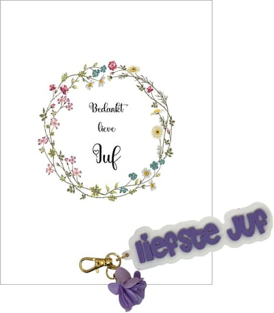 Sleutelhanger en kaartje JUF | lila | bloemen | jij bent de liefste | liefste juf | topjuf | einde schooljaar | cadeau
