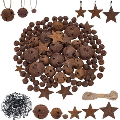 140-delige set roestige kerstbel en ster voor ambachten, inclusief veiligheidsspelden en jute koord voor decoratieve vintage klokken en kerstversiering