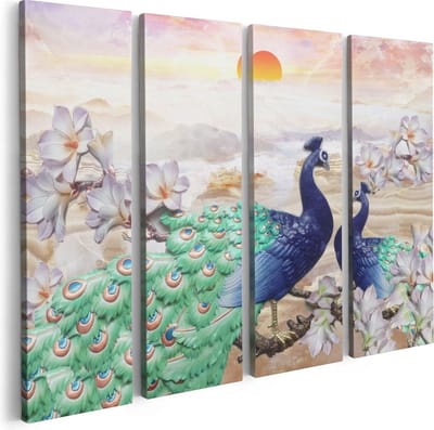 Artaza Canvas Schilderij Vierluik Twee Pauwen Bij Elkaar Met Bloemen - Liefde - 80x60 - Foto Op Canvas - Canvas Print