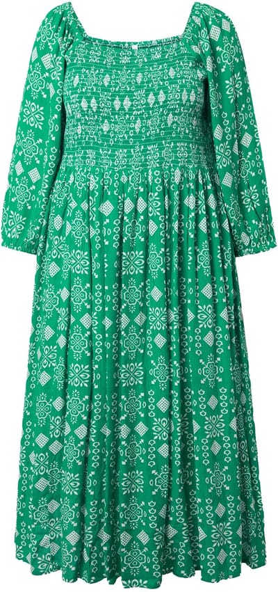 Ulla Popken - Dames - Maxi-jurk A-lijn carréhals 3/4-mouwen - Zomergroen - Maat 46+