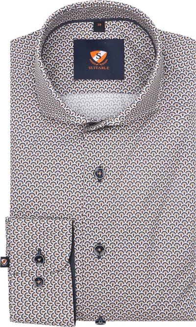 Suitable Overhemd Twill Print Beige - Maat 39 - Heren - Overhemden Formeel