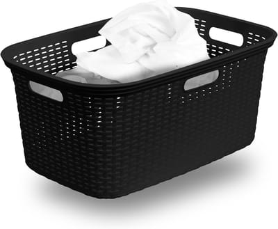 Novaliv Rotan Wasmand met 4 Handgrepen 40L Zwart, Wasboxset Wasemmer Wascontainer voor Badkamer Wasgoed Vuile Was, Wasmanden Organizer Huishoudelijke Accessoires Wasmandverzamelaar