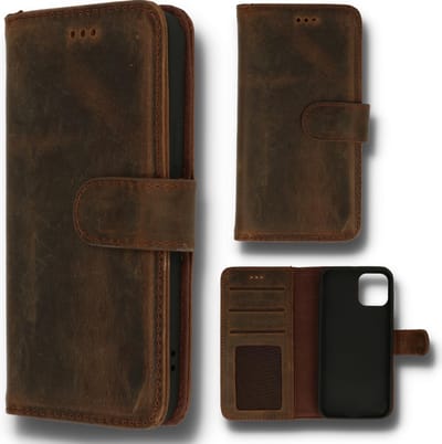 HB Echt Leren Hoesje Geschikt voor Apple iPhone 12 Pro Max - Donker Bruin - Leer Wallet Hoes - Portemonnee Book Cover met Pasjeshouder