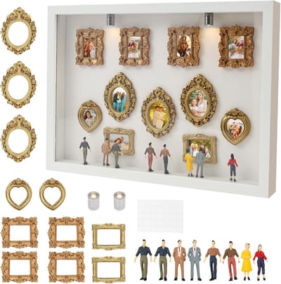 Witte DIY Mini Museum Silhouet Box - Museum of DIY - Schaduwdoos, Miniatuur Fotolijstje, Herinneringsset met 8/11 Mini Fotolijstjes Goud, 8 Willekeurige Figuurtjes en 2 Lampjes - voor Jubileum, Cadeau | Cyslmuk®