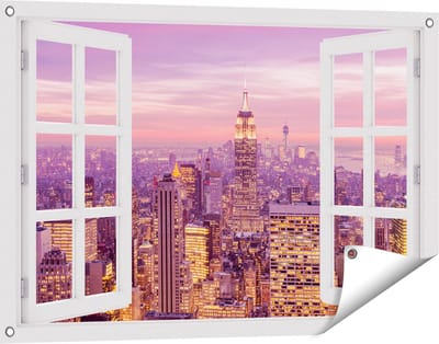 Gards Tuinposter Doorkijk New York Skyline met Lichten bij Zonsondergang - 90x60 cm - Tuindoek - Tuindecoratie - Wanddecoratie buiten - Tuinschilderij