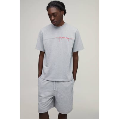 Regular Loopback T-shirt Met Contrasterende Stiksels En Borduurwerk En Regular Fit Short Set | Grey Marl | Size Small