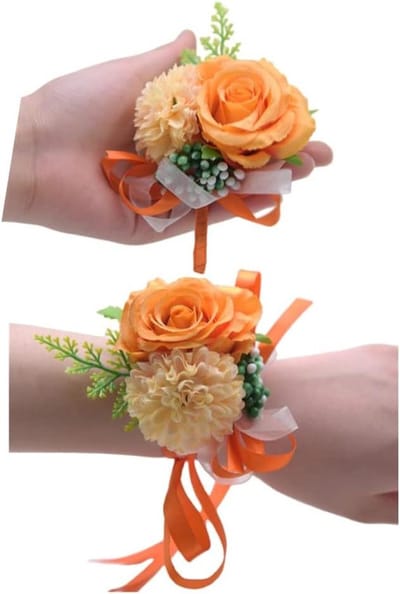 Bloem Corsage Set - Polsbandje Boutonniere - Bruiloft Accessoires - Handgemaakte Zijden Bloem - 2 Stuks - Oranje