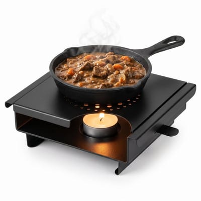 Lomera Warmhoudplaat - Rechaud op Waxinelichtje - Voedselverwarmer - Schotelwarmer - Bordverwarmer - Non-Stick Coating - Warmhouder - Theelichthouder - Tafelwarmer - Handvaten - Afneembaar Rooster - Kaarsjes - Zwart