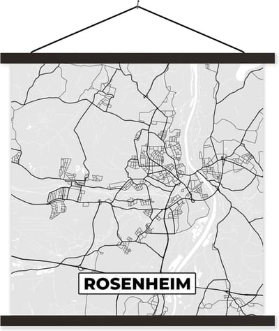 Posterhanger incl. Poster 60x60 cm - Schoolplaat - Duitsland - Stadskaart - Plattegrond - Kaart - Rosenheim - Textielposter - Zwarte latten - Stadskaart