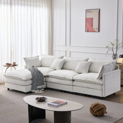 OKWISH Hoekbank 3-Zits Met Chaise Longue En Hocker - Modulair Comfort Voor Woonkamer En Lounge - Chenille - Beige