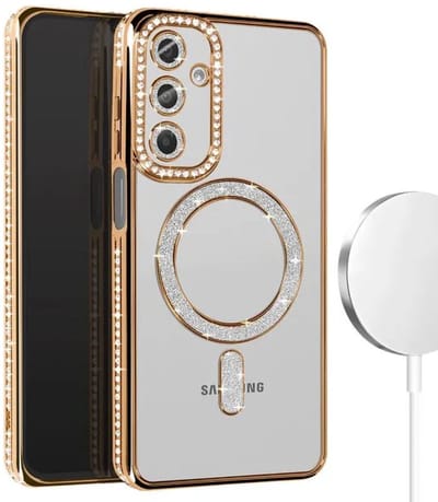Hoesje met Diamantjes en Glitter Geschikt voor: Samsung Galaxy S25 - MagSafe Glitter Hoesje - Goud met Diamanten steentjes - Glamour Hoesje
