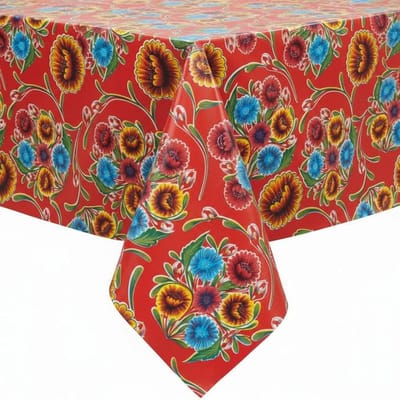 Protecttable - Rond Mexicaans tafelzeil Floralpola rood ⌀118cm - Tafelkleed Afwasbaar - Kunststof