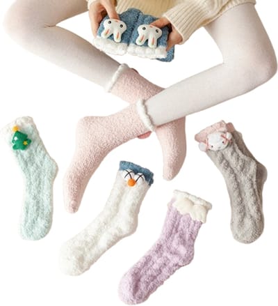 6 paar damessokken, zachte, comfortabele, schattige zachte dierenpop, pluizige pantoffels, warme, pluche slaapsokken voor Kerstmis, slaapsokken warme kerstcadeau, voor vrouwen en meisjes - Cyslmuk®