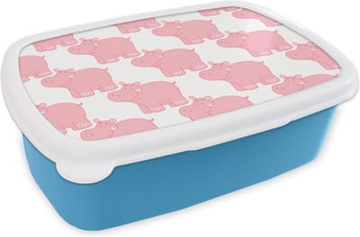 Broodtrommel Blauw - Lunchbox - Brooddoos - Nijlpaard - Roze - Meisje - Kind - Patronen - 18x12x6 cm - Kinderen - Jongen