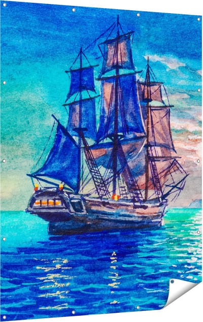 Gards Tuinposter Oude Piratenschip Zeilboot Getekend - 120x160 cm - Tuindoek - Tuindecoratie - Wanddecoratie buiten - Tuinschilderij