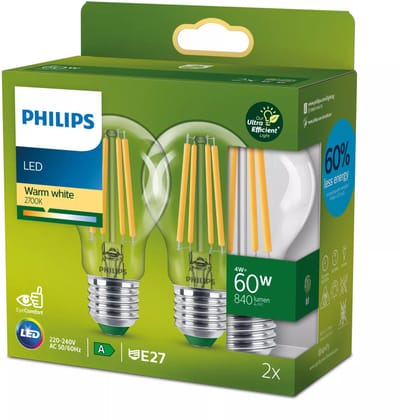 Philips LED lamp Transparant - 60 W - E27 - Warmwit licht - 2-pack - Bespaar op energiekosten
