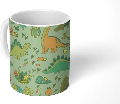 Mok - Koffiemok - Patronen - Dino - Groen - Jongetje - Kind - Kinderen - Kids - Mokken - 350 ML - Beker - Koffiemokken - Theemok