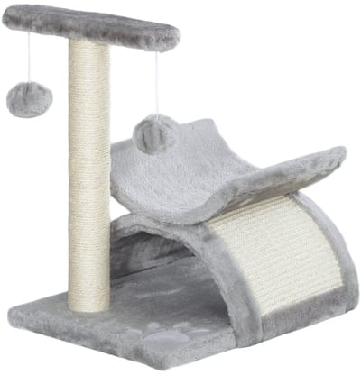 Merax Kleine Krabpaal – Compacte Krabstam met Speelballetjes en Ligplek – Kattenkrabpaal voor Kleine & Middelgrote Katten – Lichtgrijs – 40×30×43 cm