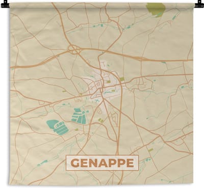 Wandkleed - Wanddoek - Kaart - Stadskaart - Retro - Plattegrond - Genappe - 180x180 cm - Wandtapijt