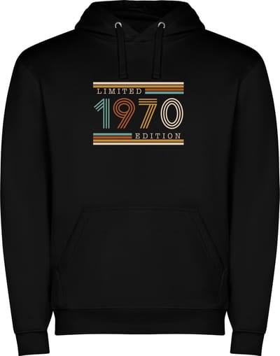 Zwarte unisex hoodie met “ Kleurrijke Limited Edition 1970 – Verjaardag – Leeftijd – Humor “ Print Full Color Color merk Roly maat S