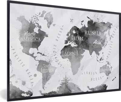 Poster in lijst - Fotolijst 120x80 cm - Posters - Wereldkaart - Zwart - Olieverf - Posterlijst zwart - Decoratie - Wanddecoratie woonkamer - Muurdecoratie slaapkamer