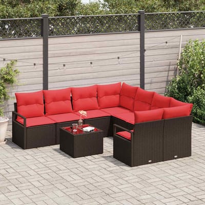 vidaXL - Bankstel - 9 - st - 8-Aantal - zitplaatsen - Beige - en - Rood - poly - rattan