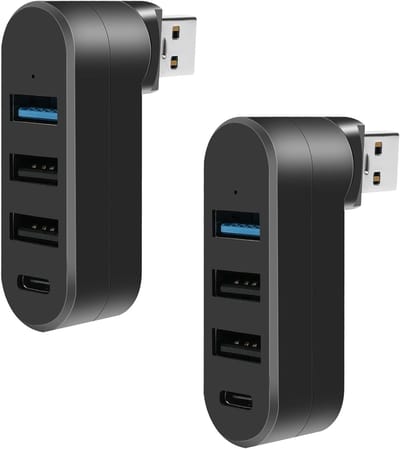 2 stuks mini USB 3.0 hub-adapter (1x 3.0, 2x 2.0, 1x Type-C), 4-poorts splitter draaibaar 180°, snelle uitbreiding voor laptop, flashdrive, mobiele harde schijf, MacBook (zwart)