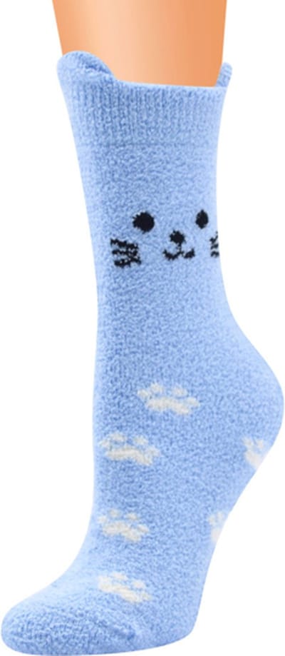 Fluffy dames sokken - huissokken - blauw - leuke print kat - 36 - 40 - cadeau voor haar - geschenk vrouwen - gift