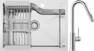 CECIPA max Spoelbak Keuken 60x45CM - Enkele spoelbak Met V-Uitloop Keukenkraan - Spoelbakken met Afdruiprek - Incl. Sifon en Afvoerzeefje - RVS