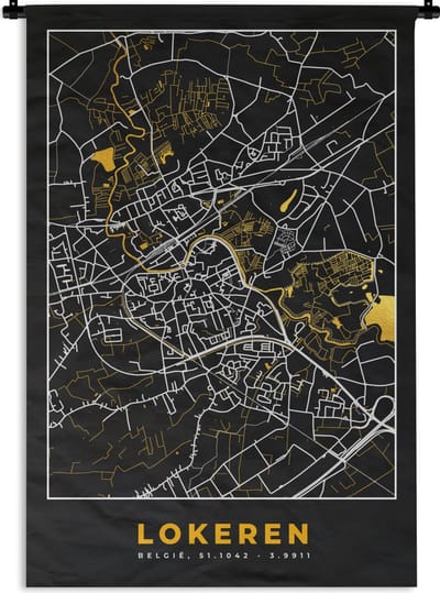 Wandkleed - Wanddoek - Goud - Stadskaart - Plattegrond - Lokeren - Kaart - 120x180 cm - Wandtapijt
