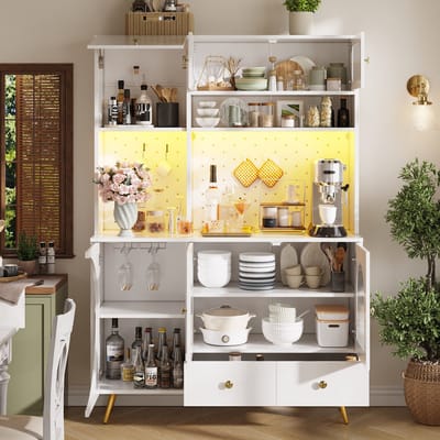 Modernes Sideboard met LED-Belechting - Hoge Kasten met USB-poorten en Stopcontacten - Opbergkast met Pegboard, Schuiflade en Glazen Planken - Wit