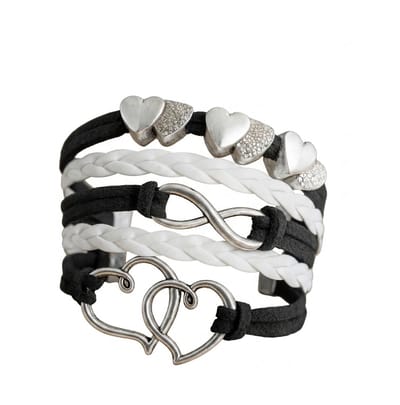 Zwart Witte Armband met Hartjes & Infinity Symbool – Gevlochten Vriendschapsarmband voor dames