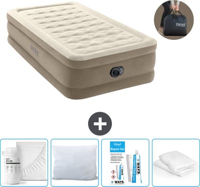 Intex Luchtbed - 1-Persoons - 99 x 191 x 46 cm - Beige - Inclusief pomp - Hoeslaken - Kussen - Kussenbeschermer en Reparatieset