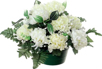 Louis Maes Kunstbloemen in pot - creme/wit - D30 x H24 cm - Bloemstuk ornament - crysanten met bladgroen