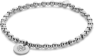 Cadeau voor haar CO88 Collection 8CB-91262 Stalen Kralen Armband met Hartje - 3,9mm en 2,8mm Bolletjes - 10mm Hangertje - Zirkonia - Rekbaar - 17,8cm - Zilverkleurig