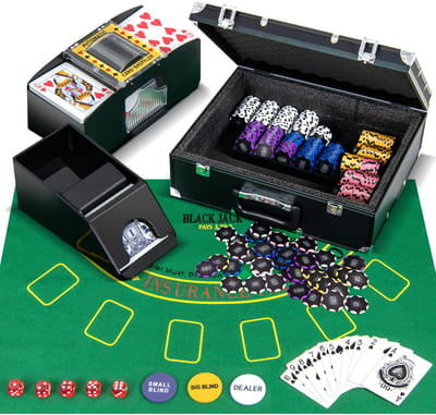 COSTWAY Pokerset 300 chips, pokerkoffer met 2 kaartdecks, 5 dobbelstenen, dealerknop, mat, kaartenschudder en kaartgever, aluminium casino poker complete set afsluitbaar, professionele Texas Hold'em