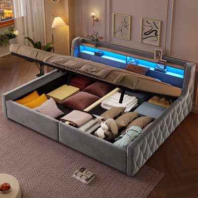 Gestoffeerd bed 140x200 - Hydraulische opbergruimte - LED-hoofdbord - Flanelstof - 170 kg draagvermogen - Grijs - Voor slaapkamer en logeerkamer