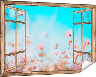 Gards Tuinposter Doorkijk Paarse Kosmos Bloemen - 150x100 cm - Tuindoek - Tuindecoratie - Wanddecoratie buiten - Tuinschilderij