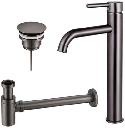 FugaFlow Eccelente Sobrado Badkamer Wastafelkraanset - verhoogde wastafelkraan - always open plug - verlaagde design sifon - PVD Gepolijst Gunmetal