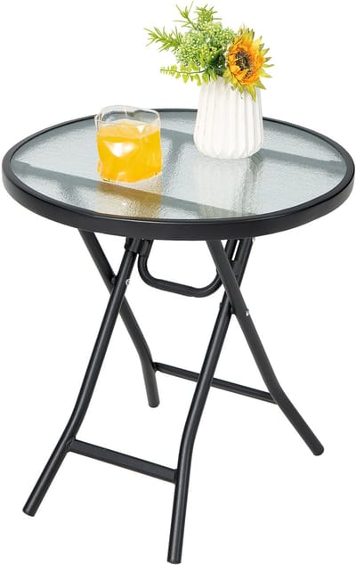 COSTWAY Bijzettafel inklapbaar, 46 x 46 x 47 cm, kleine klaptafel, tuintafel, ronde balkontafel met tafelblad van gehard glas, Zwart