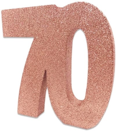 Tafeldecoratie verjaardag 70 rosegoud.