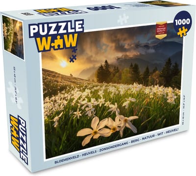 Puzzel Bloemenveld - Heuvels - Zonsondergang - Berg - Natuur - Wit - Heuvels - Legpuzzel - Puzzel 1000 stukjes volwassenen