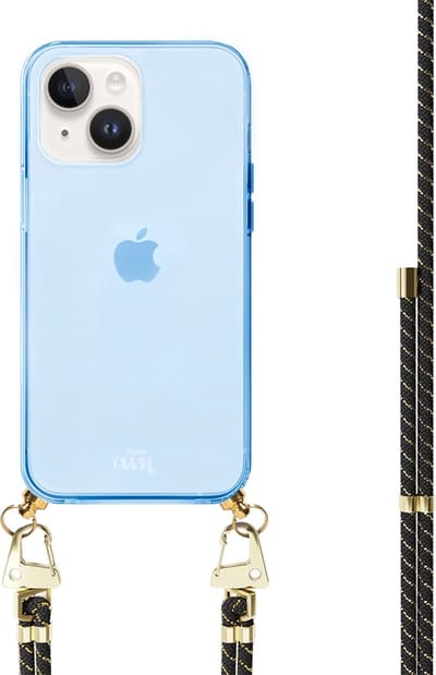 xoxo Wildhearts silicone case met koord - Blauw telefoonhoesje met koord - telefoonketting - Gold Goddess - Cord Case - geschikt voor Apple iPhone 13 - Zwart koord met gouden accenten