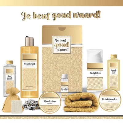 Geschenkset “Je bent goud waard!” - 9 producten - 850 gram | Cadeau Vrouw - Wellness Pakket Vrouw - Giftset deluxe - Cadeaupakket Bedankt - Cadeau Kerst - Kerstpakket - Gift Set Verjaardag - Moederdag - Vriendin - Moeder - Collega - Goud