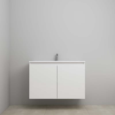 On-Line Onderkast - 100 cm - Bouwpakket - Greeploos 2 Deuren - Acryl Wastafel - 1 Kraangat - Hoogglans Wit