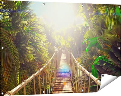 Gards Tuinposter Houten Brug in de Tropische Jungle - 120x80 cm - Tuindoek - Tuindecoratie - Wanddecoratie buiten - Tuinschilderij